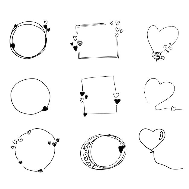 Vector set hand getrokken doodle frames met hart.