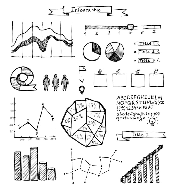 Vector vector set hand getrokken doodle infographics op witte achtergrond