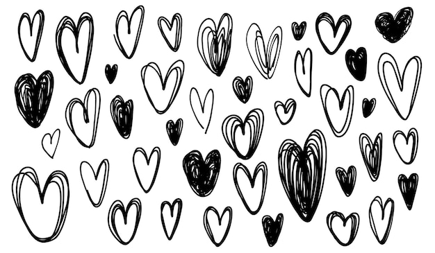 Vector set hand getrokken harten op een witte achtergrond Valentijnsdag zwarte clipart