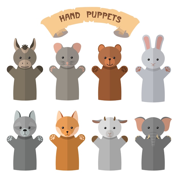 Векторный набор ручных кукол в плоском стиле. Кукольные перчатки с разными животными.