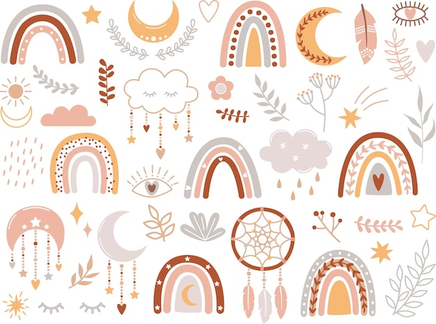 Vector vector set of handdrawn boho clipart for nursery decoration with cute rainbows cloud dream catcher