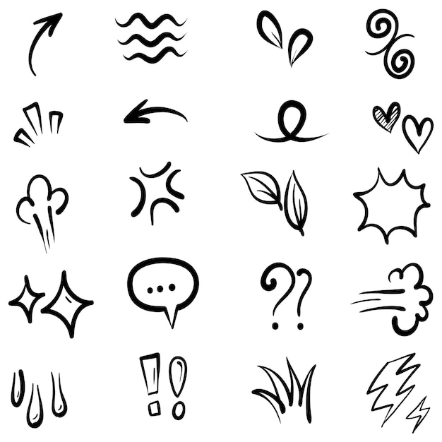 Vector set of handdrawn cartoony expression sign doodle curve directional arrows emoticon effects design elements cartoon character emotion symbols cute decorative brush stroke lines