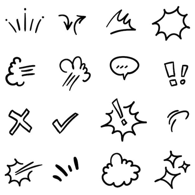Set vettoriale di espressione cartoony disegnata a mano segno doodle curva frecce direzionali effetti emoticon elementi di design personaggio dei cartoni animati simboli emozione linee di pennellata decorativa carina