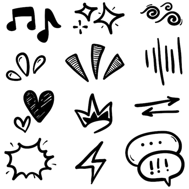 Vector vector set of handdrawn cartoony expression sign doodle curve directional arrows emoticon effects design elements cartoon character emotion symbols cute decorative brush stroke lines