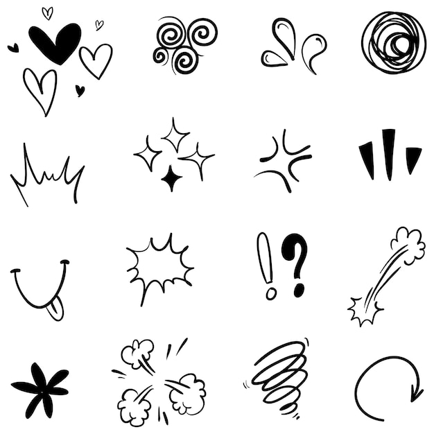 Vector set of handdrawn cartoony expression sign doodle curve directional arrows emoticon effects design elements cartoon character emotion symbols cute decorative brush stroke lines