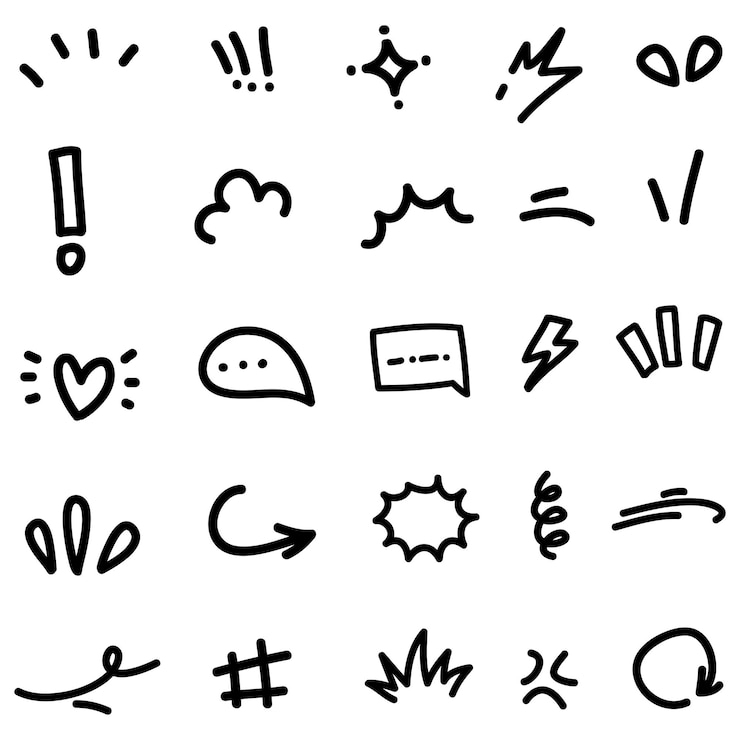 Vector vector set of handdrawn cartoony expression sign doodle curve directional arrows emoticon effects design elements cartoon character emotion symbols cute decorative brush stroke lines