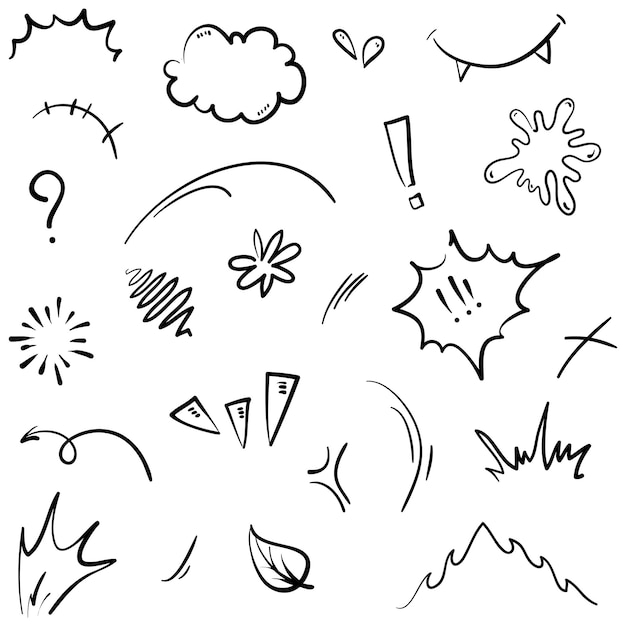 Vector set of handdrawn cartoony expression sign doodle curve directional arrows emoticon effects design elements cartoon character emotion symbols cute decorative brush stroke lines