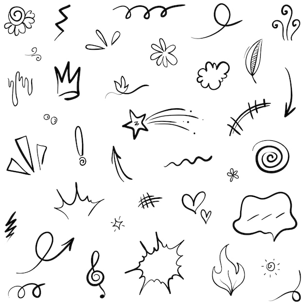 Vector vector set of handdrawn cartoony expression sign doodle curve directional arrows emoticon effects design elements cartoon character emotion symbols cute decorative brush stroke lines