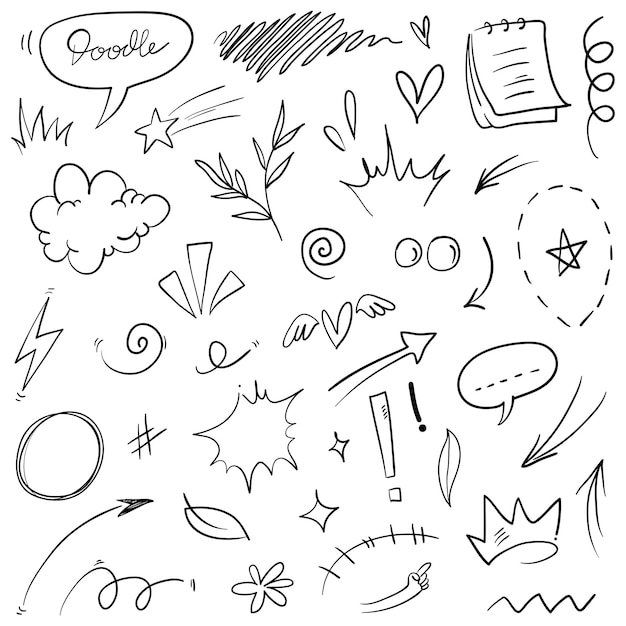 手描き漫画表現記号のベクトルを設定落書き曲線方向矢印絵文字効果デザイン要素漫画のキャラクター感情シンボルかわいい装飾的なブラシ ストローク ライン