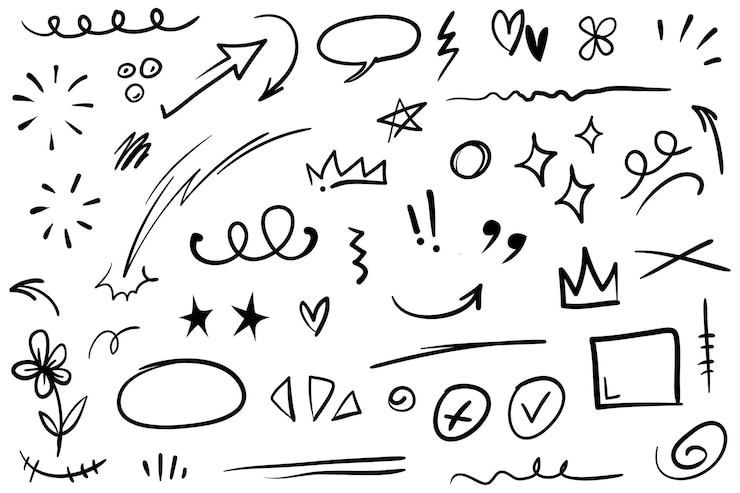 Vector vector set of handdrawn cartoony expression sign doodle curve directional arrows emoticon effects