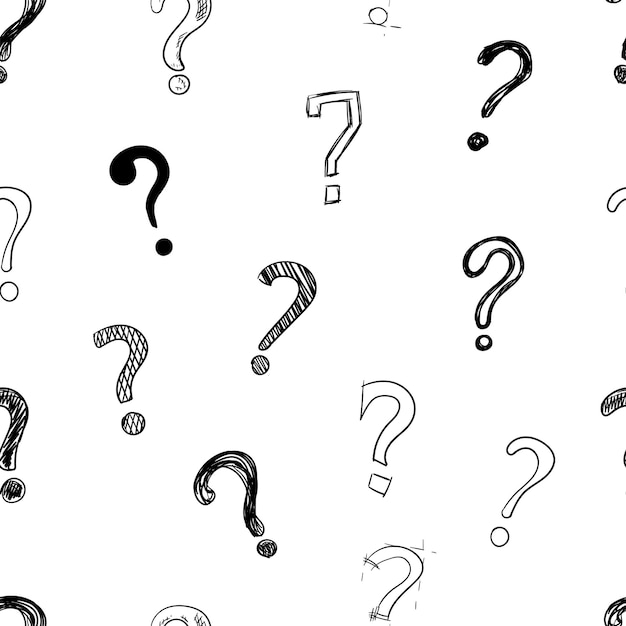 Vector vector set of handdrawn questions marks isolated on white background, doodle style illustration â seamless patter, black and white background.