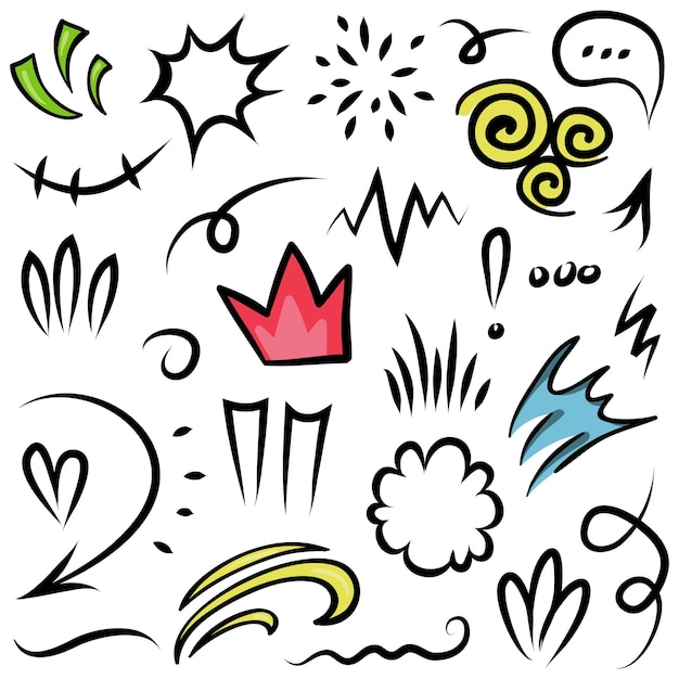 Vector set handgetekende cartoony expressie teken doodle curve directionele pijlen emoticon effecten ontwerp elementen cartoon karakter emotie symbolen schattig decoratieve penseelstreek lijnen