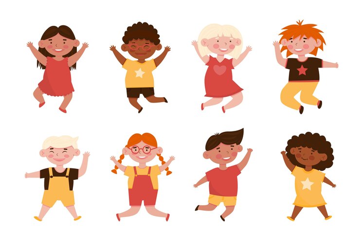 Vector vector set of happy kids children's with different nationalites cultures different skin hair color