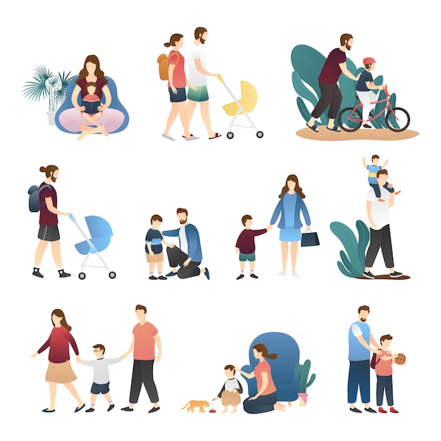 Vector set of happy loving family scenes