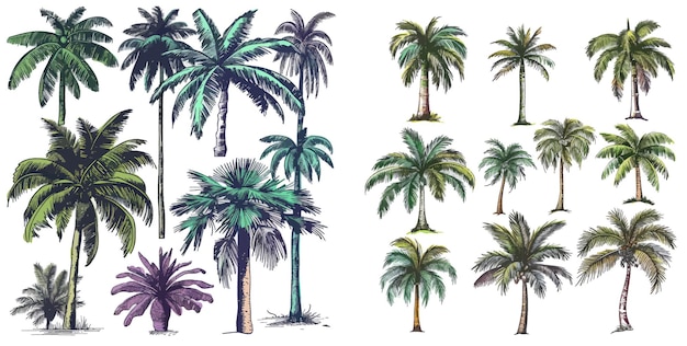 Vettore set vettoriale di palme da spiaggia delle hawaii felci e foglie contorno flora botanica illustrazione tropicale