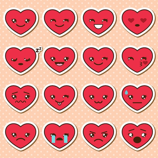 Vettore insieme di vettore delle emoji del cuore. raccolta di diversi adesivi icona del cuore