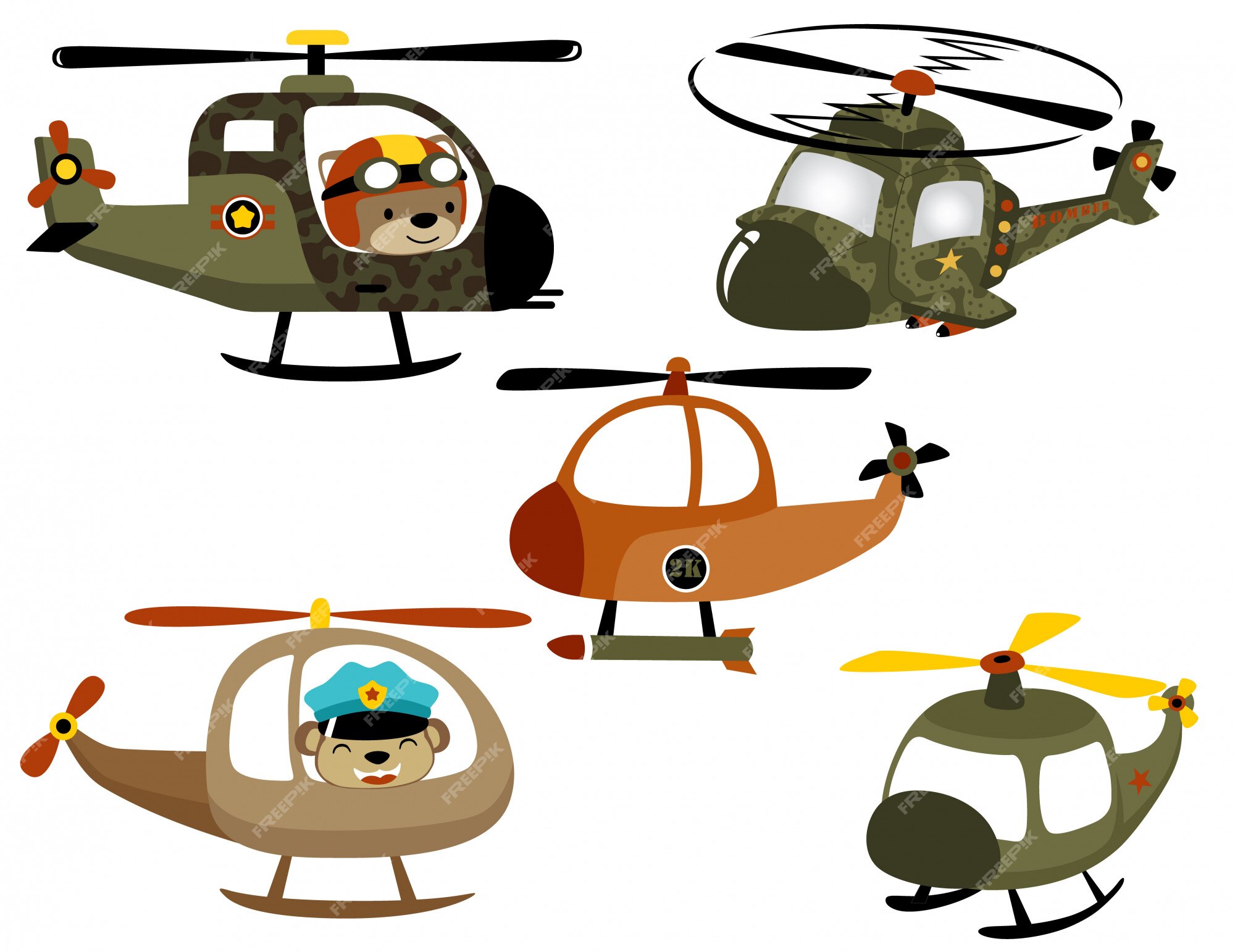 Premium Vector | Vector set of helicopter cartoon with funny pilot
