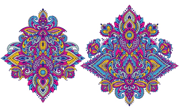 Векторный набор цветочных элементов хны на основе традиционных азиатских орнаментов. Коллекция рисунков татуировки Пейсли Менди