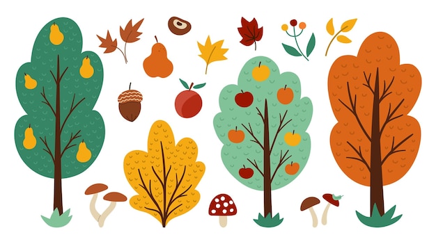 Vector set herfst bos of tuin fruit bomen planten struiken struiken paddestoelen geïsoleerd op een witte achtergrond val appel en peer tuin illustratie natuurlijke groen iconen collectie