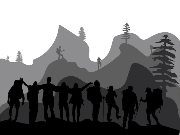 vector set of Hiker and backpaker adventure diferent style Silhouettes, climbing, camping, mountain