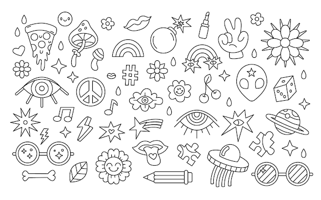 Vector vector set of hippie design elements positive retro stickers flower mushrooms rainbow ufo