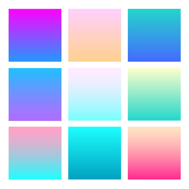 Vector set of holographic gradients different neon gradient template colorful square buttons