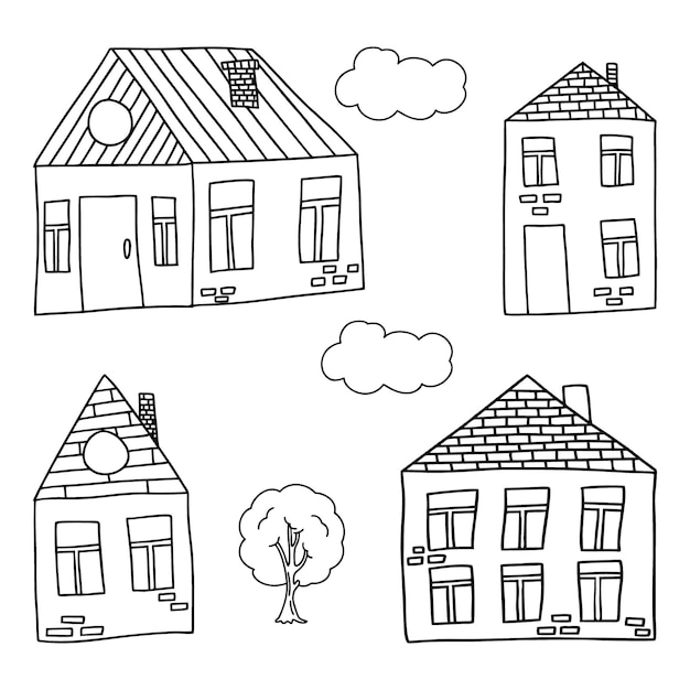 Vector vector set of houses in the doodle style black and white coloring of houses and trees