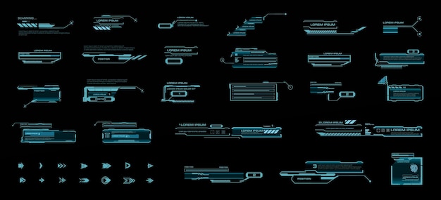 Vector set HUD callouts en pointers Callout headers SciFi-stijl frames Informatiepanelen voor oproepen moderne informatie Holografische elementen HUD GUI UI Moderne digitale panelen voor de interface
