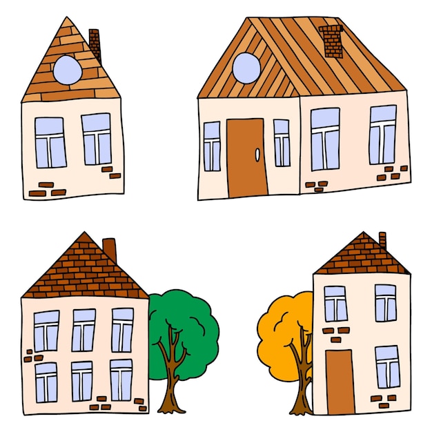 Vector set huizen in de stijl van doodle bakstenen huizen en bomen