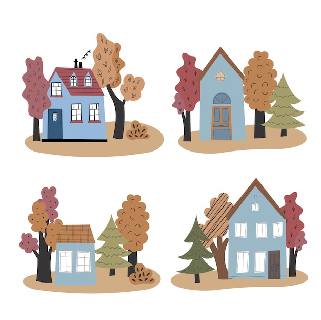 Vector set huizen in schattige vlakke stijl verschillende felle kleuren en vormen van huizen
