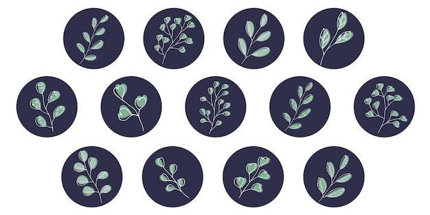 Set vettoriale di icone ed emblemi per le copertine dei momenti salienti della storia dei social media foglie doodle clipart