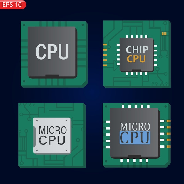 Vector set icoon van computerchips. de processor heeft de inscriptie cpu, chip, microchip, proces