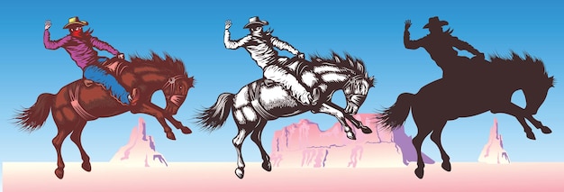 vector set of illustrated cowboy riding wild mustang horse against weathered desert mountains