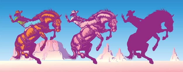 Vector vector set of illustrated cowboy riding wild mustang horse against weathered desert mountains