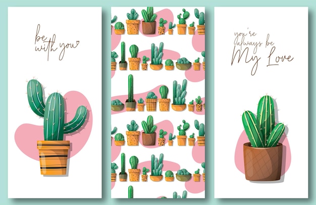 vector set illustration cactus card collection with white background