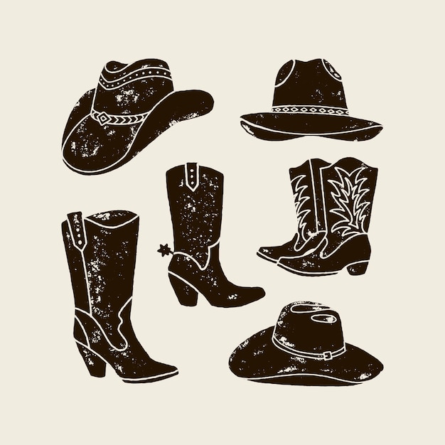 Vettore vector set illustrazione della sagoma di cappello e stivali da cowboy in stile vintage, effetto grunge. elementi del selvaggio west per la progettazione di poster, cartoline, scritte, stampe per t-shirt.