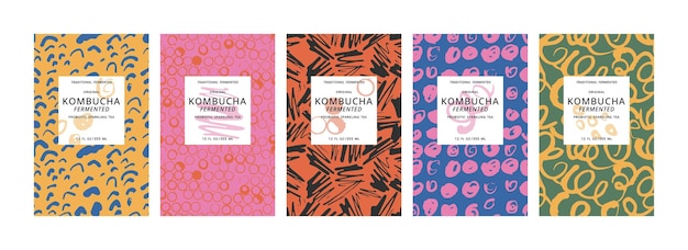 Vector vector set illustration design labels for kombucha with contemporary brushstroke seamless patterns