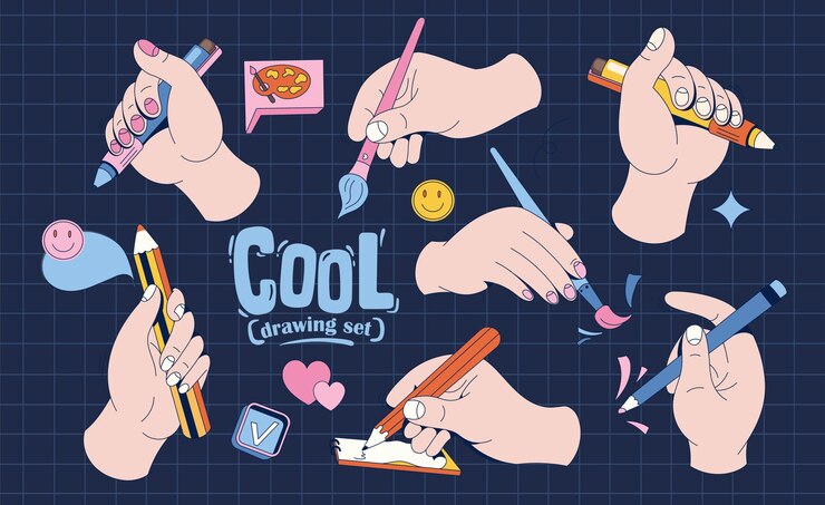 Vector 벡터 일러스트 레이 션 손 개체 플랫 손 잡고 브러시 펜 등
