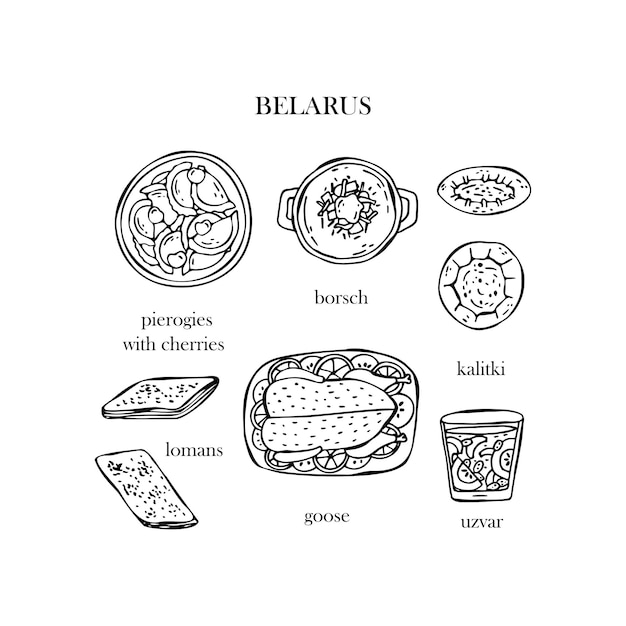 Vector vector set of illustrations of belarusian christmas dishes new year traditional food of belarus