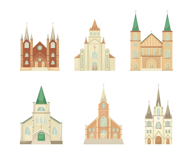 Векторный набор иллюстраций католических церквей Религиозное архитектурное здание Плоский стиль