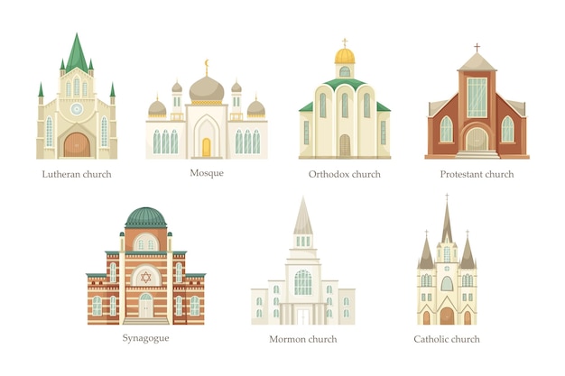 Vector set of illustrations of churches of different religious denominations religious architectural building