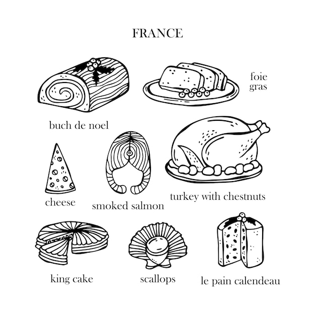Vettore set vettoriale di illustrazioni di piatti natalizi francesi capodanno cibo tradizionale francese