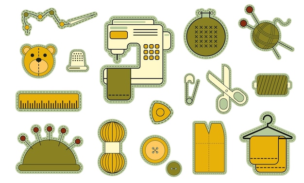 Vector set of illustrations for sewing sewing supplies in the form of stickers clipart