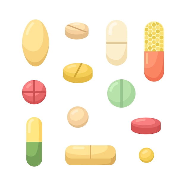 Vector set of illustrations of tablets and capsules