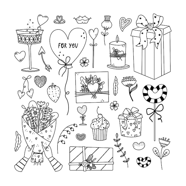 Vector vector set of illustrations for valentines day. gifts, creative illustrations and hearts