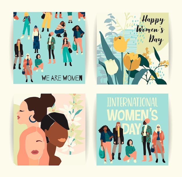 Векторный набор иллюстраций с абстрактными женщинами с разным цветом кожи
