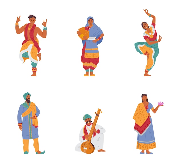 Vector Set Of Indian Characters Men And Women In Traditional Outfits. Isolated On White.