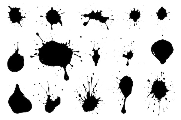 Set vettoriale di spruzzi d'inchiostro spruzzi di spruzzo schizzati di macchie di sporco inchiostrato nero con macchie di gocce