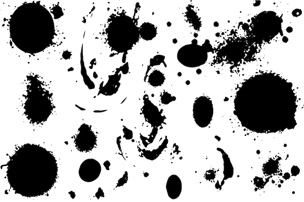 Vector set of ink splashes Black inked splatter dirt stain splattered spray splash with drops blots