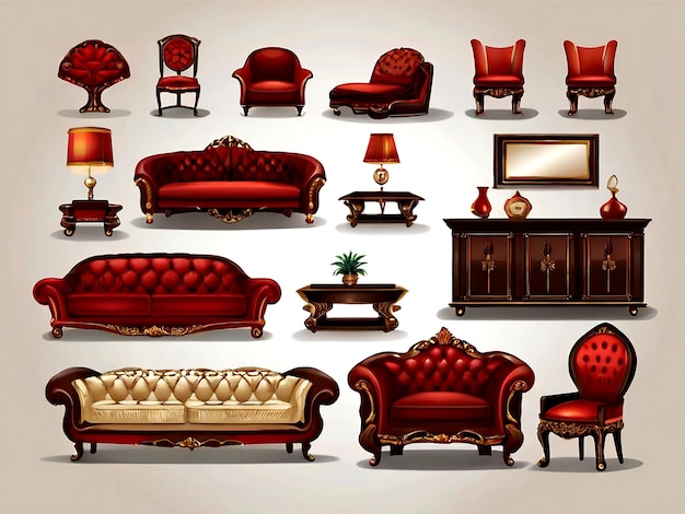 Vector set of interior furniture and decorations isolated